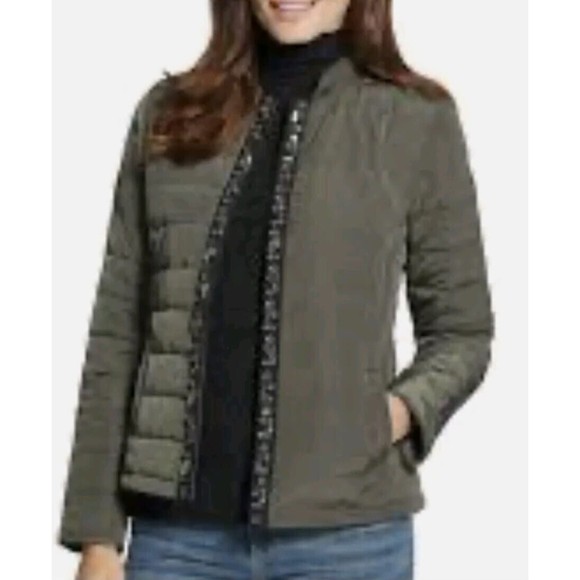Chico's Open Front Boho Quilted Jacket Olive Green with Crystal Jeweled sz.2 - Picture 4 of 8